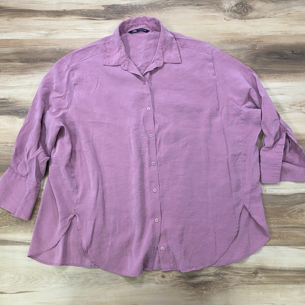 Zara Button Up Shirt Size L Relaxed Fit Roll Tab Sleeve Mauve Pink Blouse